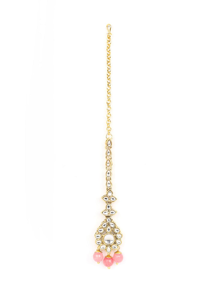 Pink Beads Pearls Kundan Gold Plated Jewellery Set with Maang Tikka