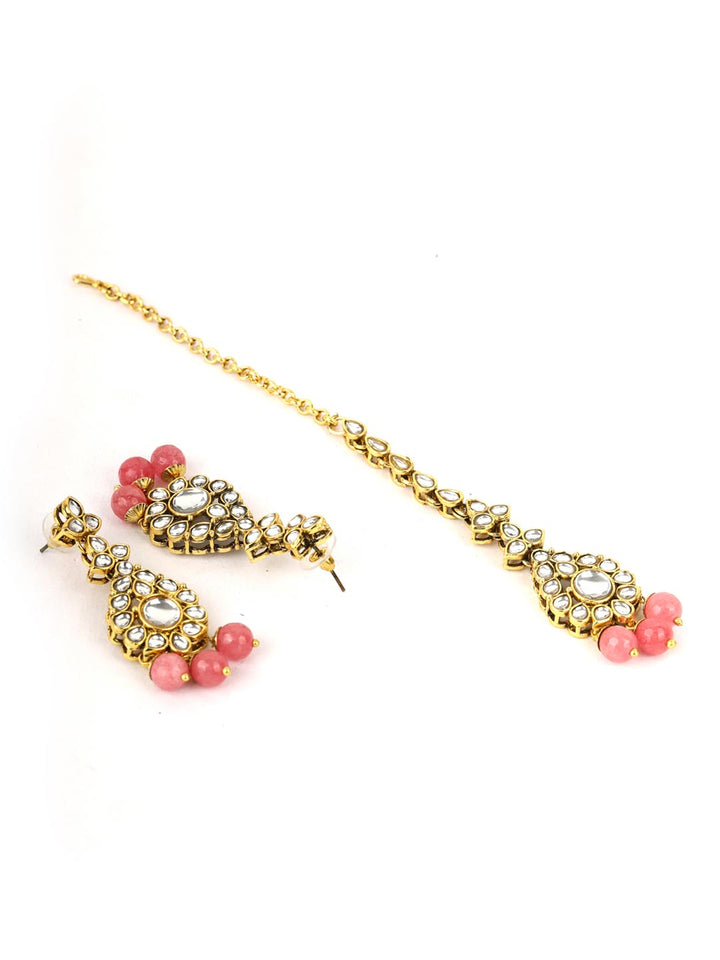 Pink Beads Pearls Kundan Gold Plated Jewellery Set with Maang Tikka