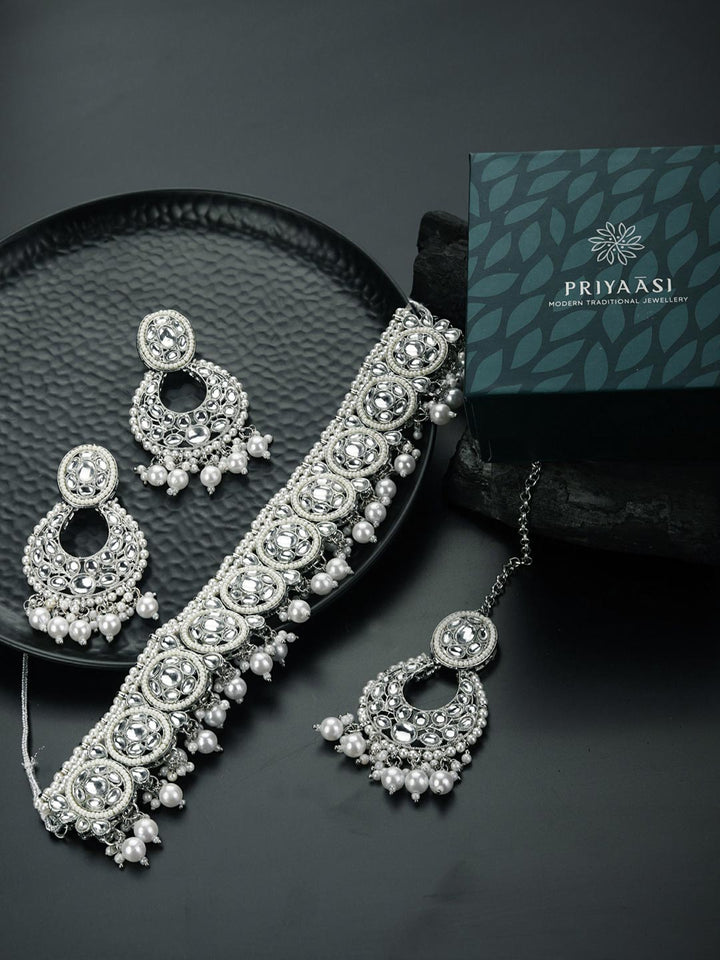 Kundan Pearls Beads Silver Plated Choker Set with MaangTikka