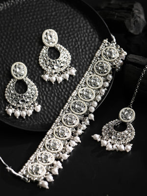 Kundan Pearls Beads Silver Plated Choker Set with MaangTikka