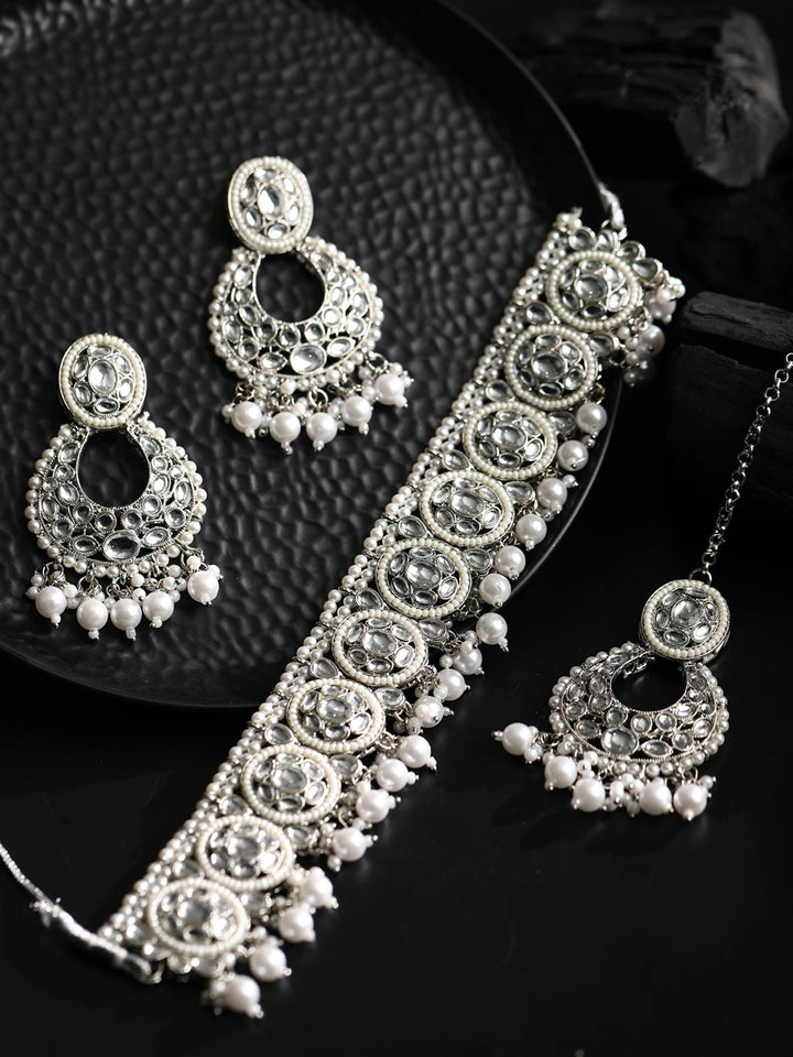 Kundan Pearls Beads Silver Plated Choker Set with MaangTikka