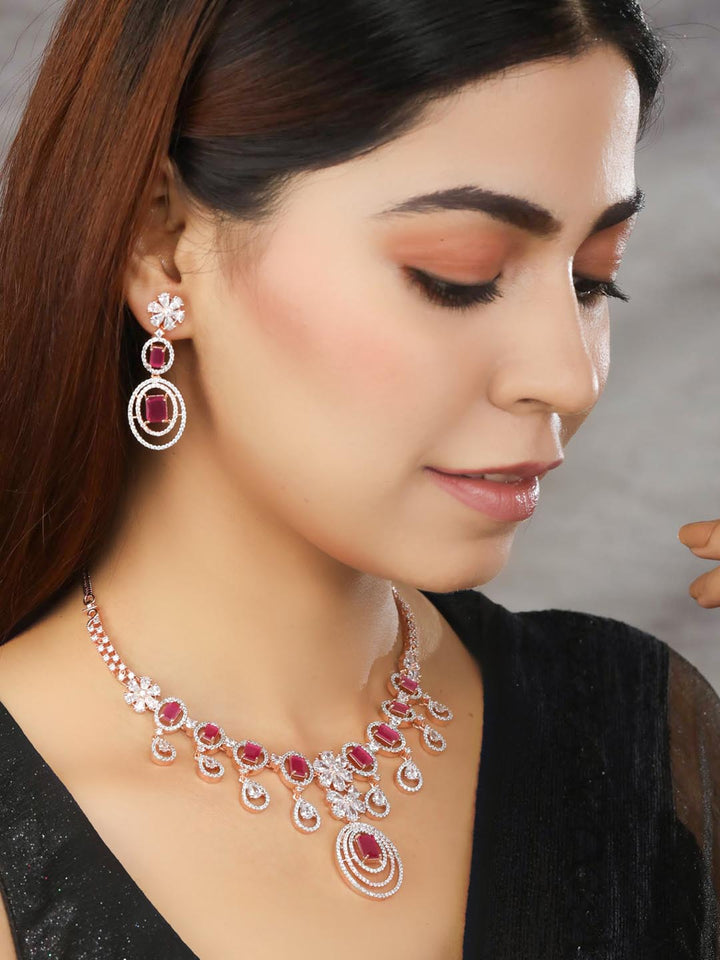 Ruby Roll - Pink American Diamond Rose Gold-Plated Jewellery Set