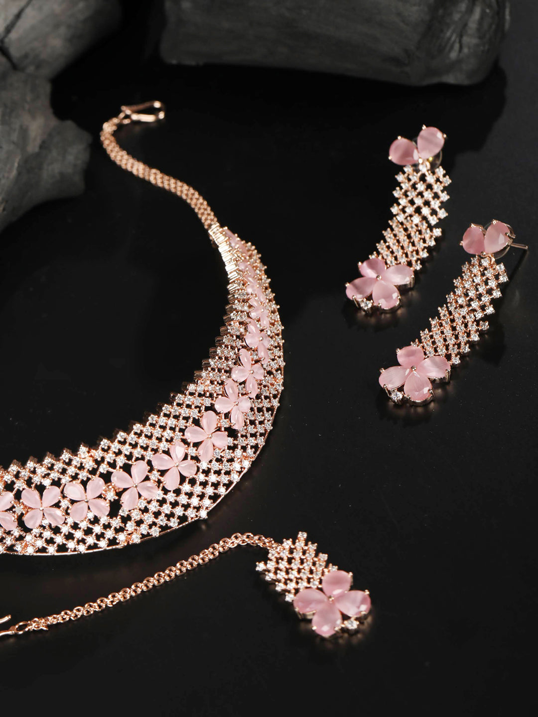 Pink American Diamond Rose Gold Plated Choker Set with MaangTikka