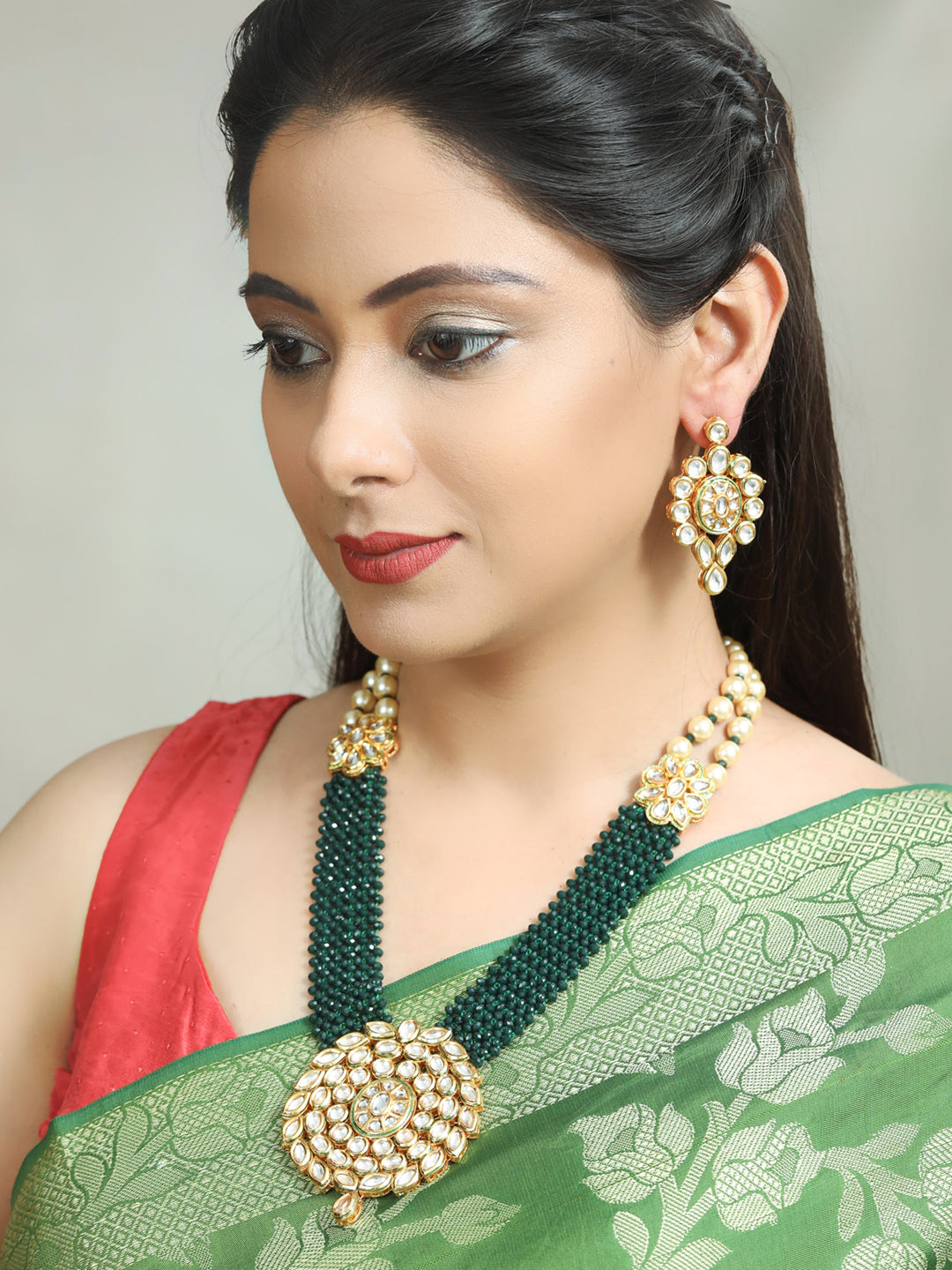Green Jewellery Set For Saree Green Gold Plated Kundan