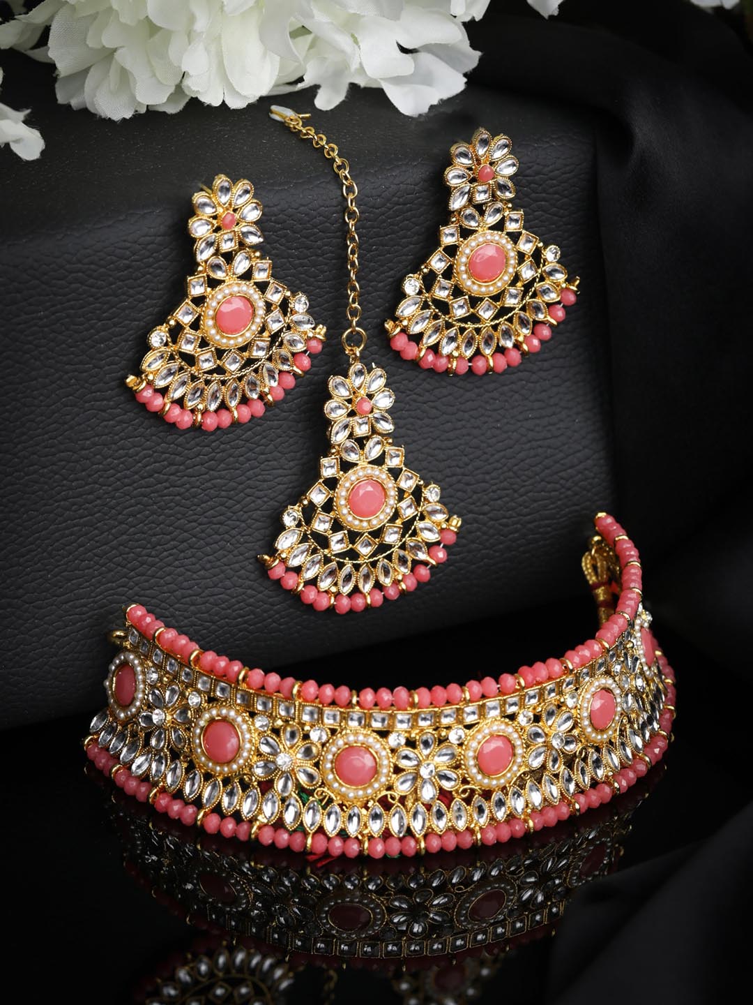 Gold Plated Kundan Choker Necklace Set With Pink Beads & Matching Mang –