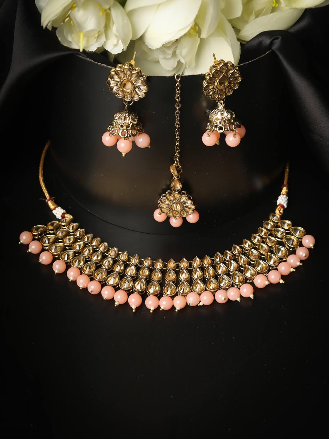 Peach Kundan Stones Gold Plated Choker Set with MaangTikka