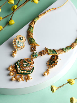 Ethnic Gold & Green Floral Meenakari Jewellery Set