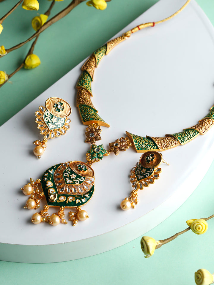 Ethnic Gold & Green Floral Meenakari Jewellery Set