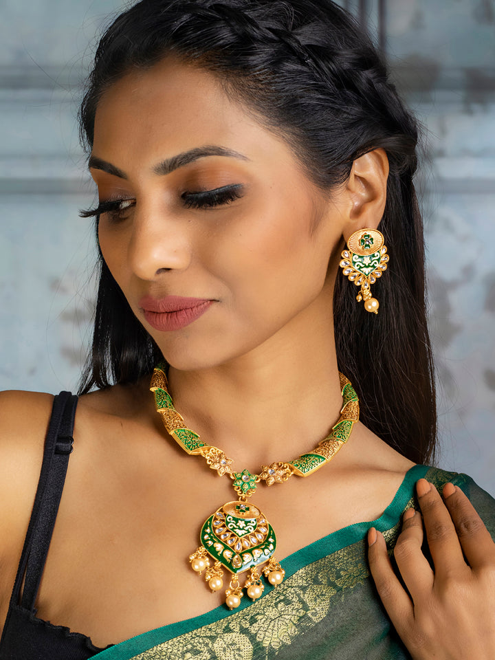 Ethnic Gold & Green Floral Meenakari Jewellery Set