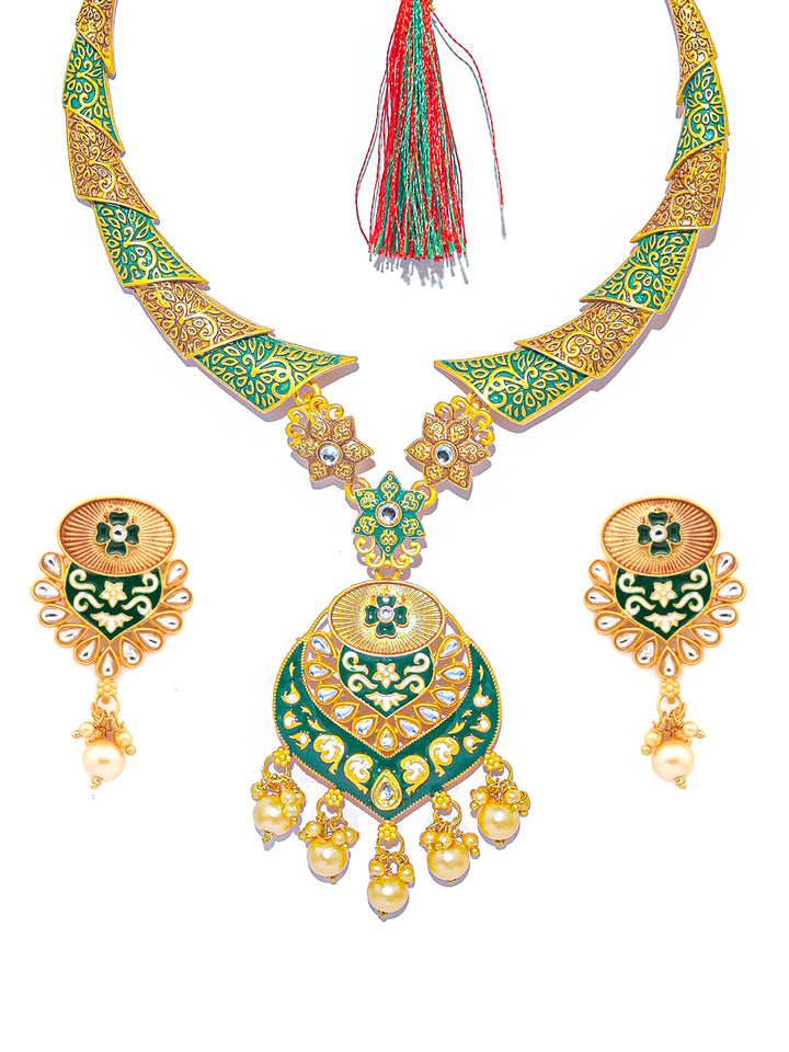 Ethnic Gold & Green Floral Meenakari Jewellery Set