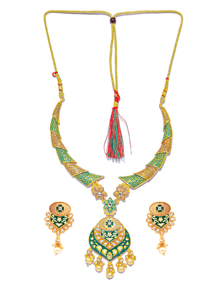 Ethnic Gold & Green Floral Meenakari Jewellery Set