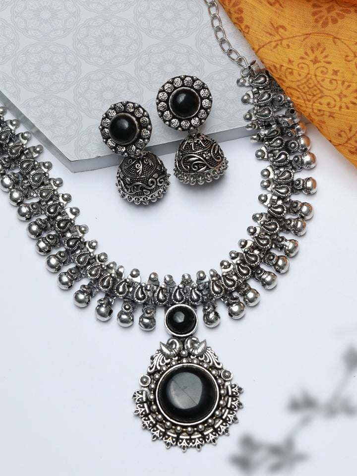 Black Stone Silver Plated Jewellery Set