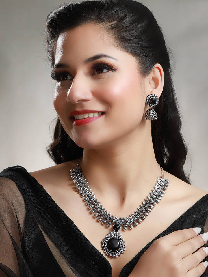 Black Stone Silver Plated Jewellery Set