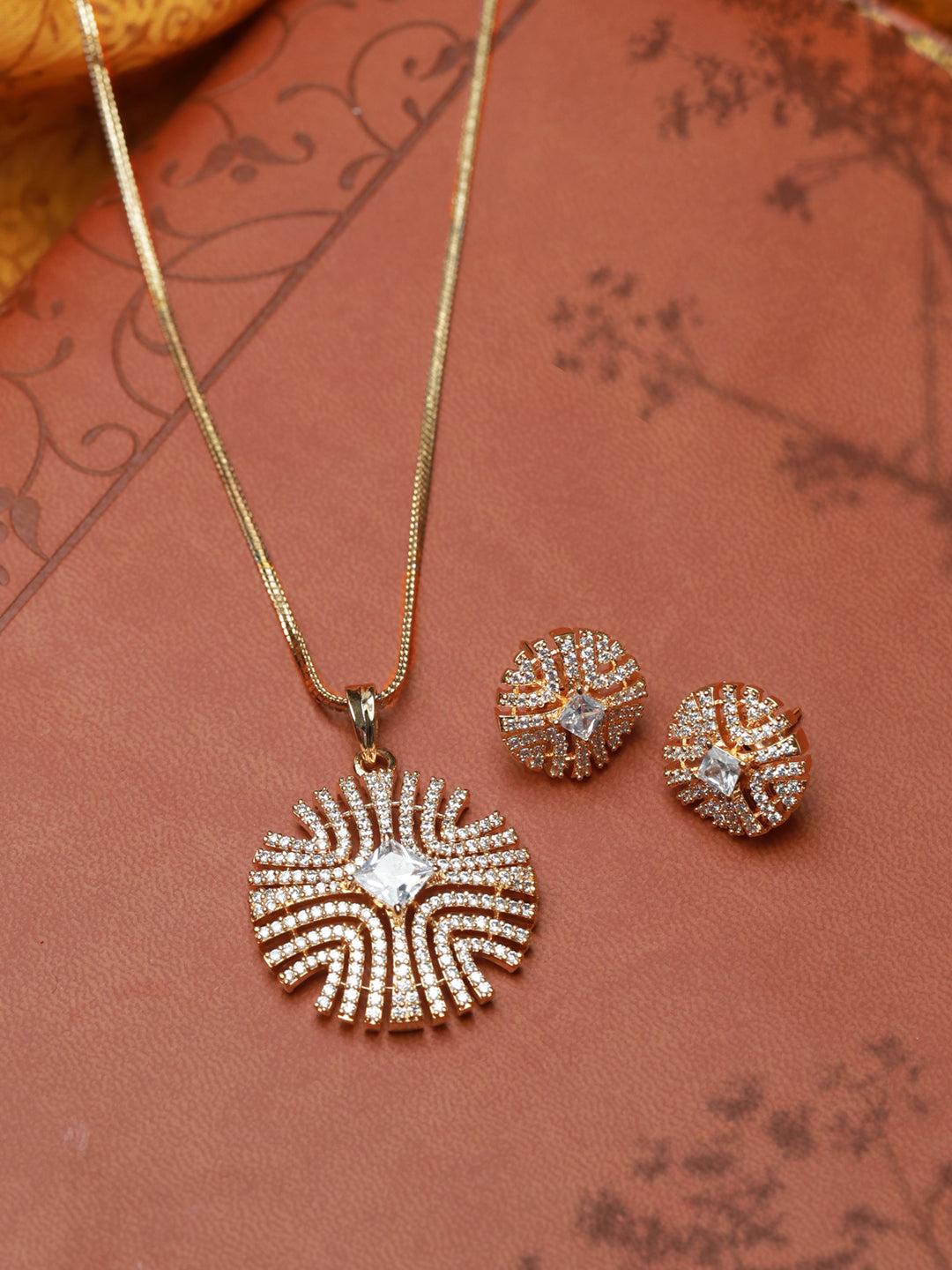 Gold Plated American Diamond Pendant Earring Set – Priyaasi