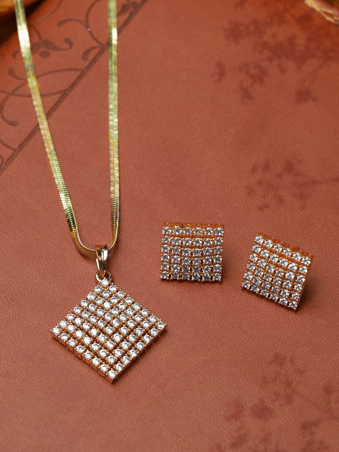 Gold Plated American Diamond Geometric Pendant Earring Set