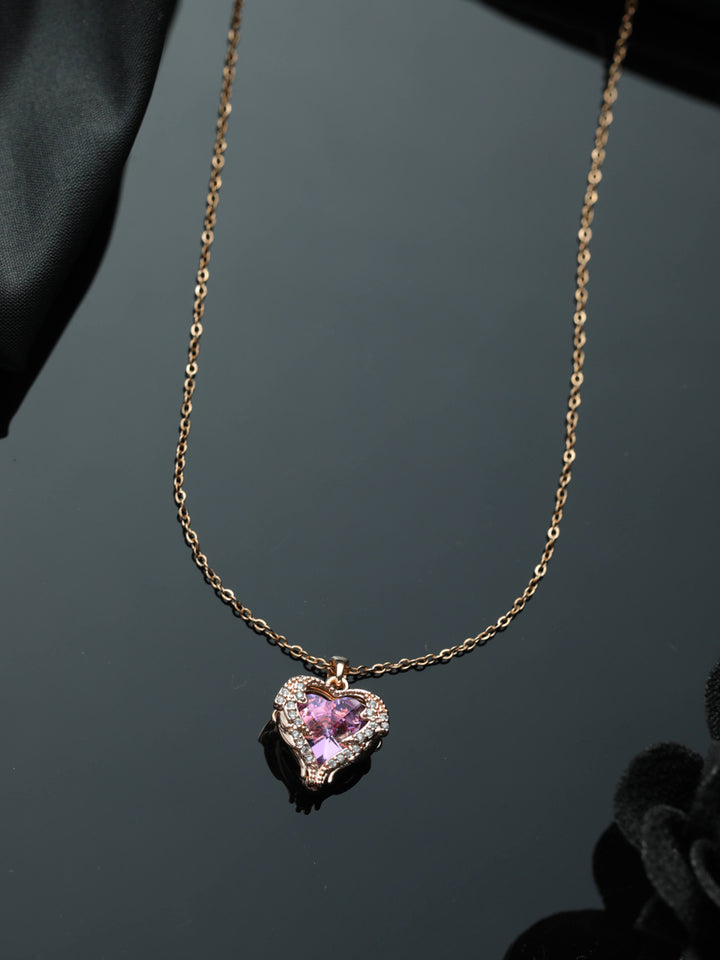 Priyaasi Purple Heart American Diamond Rose Gold Plated Necklace