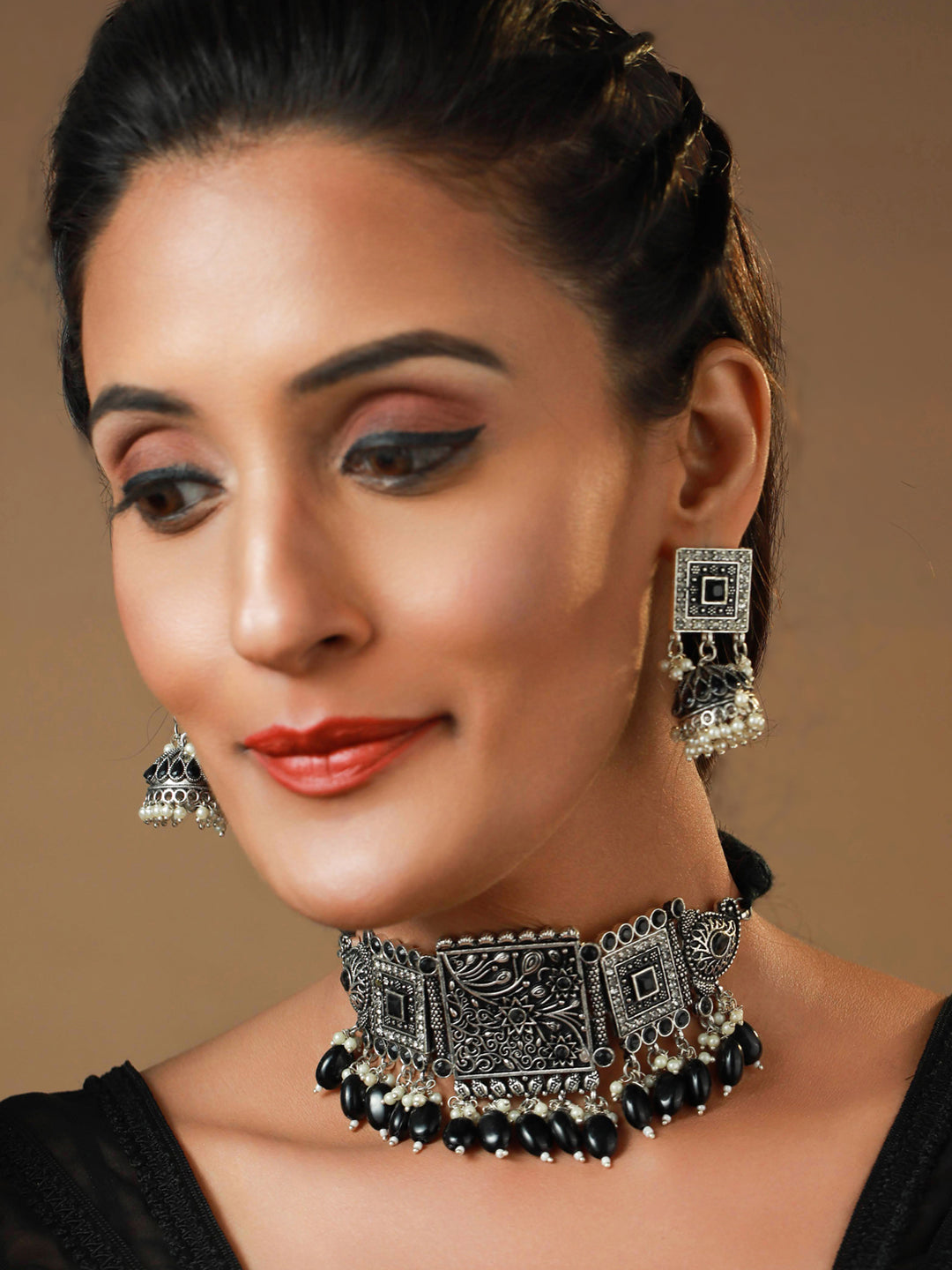 Priyaasi Black Studded Floral Block Oxidised Silver Choker Jewellery S