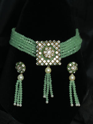 Priyaasi Green Studded Floral Mirror Block Choker Jewellery Set
