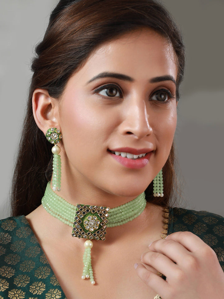 Priyaasi Green Studded Floral Mirror Block Choker Jewellery Set