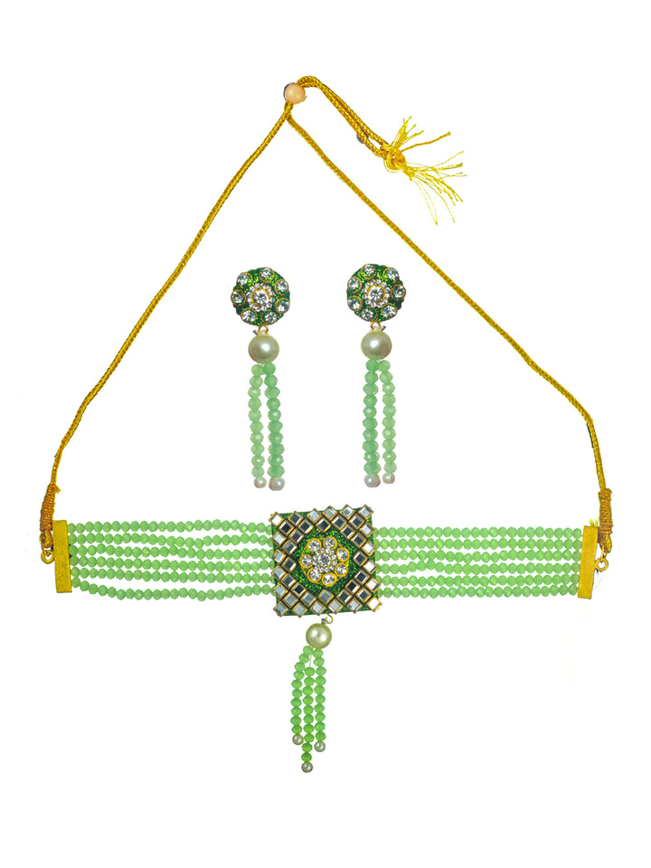 Priyaasi Green Studded Floral Mirror Block Choker Jewellery Set