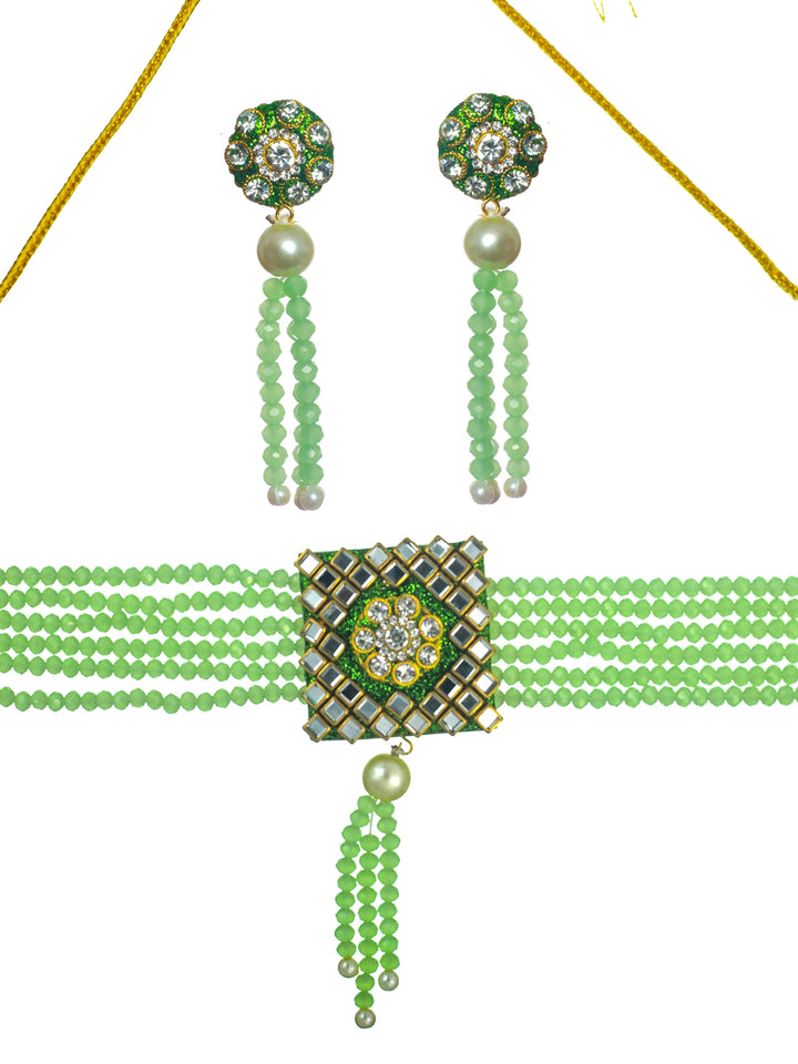 Priyaasi Green Studded Floral Mirror Block Choker Jewellery Set
