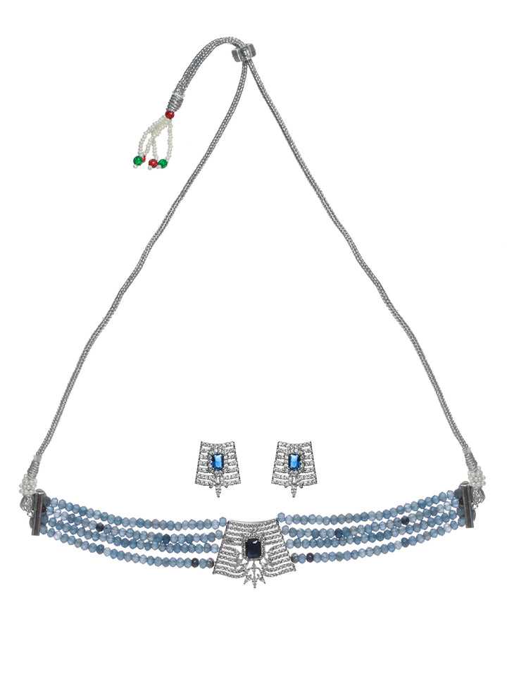Priyaasi Blue Multilayer American Diamond Choker Jewellery Set