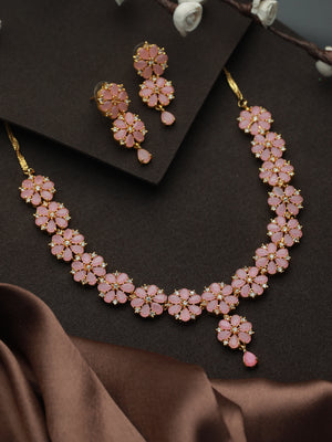 Priyaasi Pink Floral Gold Plated AD Studded Jewellery Set