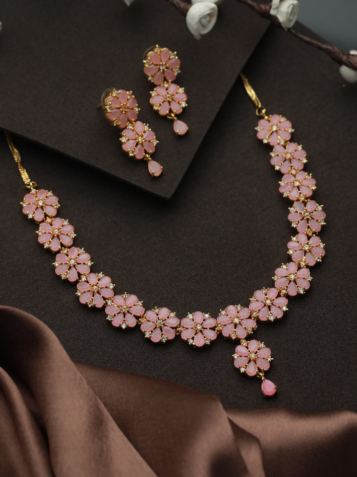 Priyaasi Pink Floral Gold Plated AD Studded Jewellery Set
