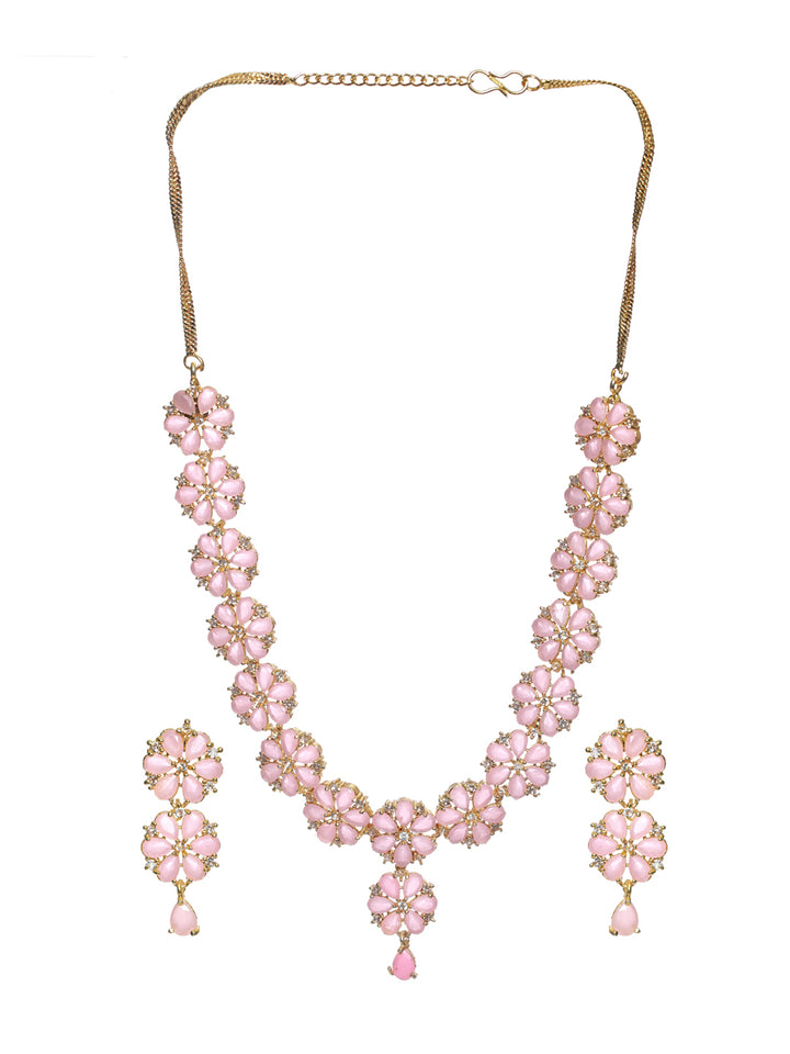 Priyaasi Pink Floral Gold Plated AD Studded Jewellery Set