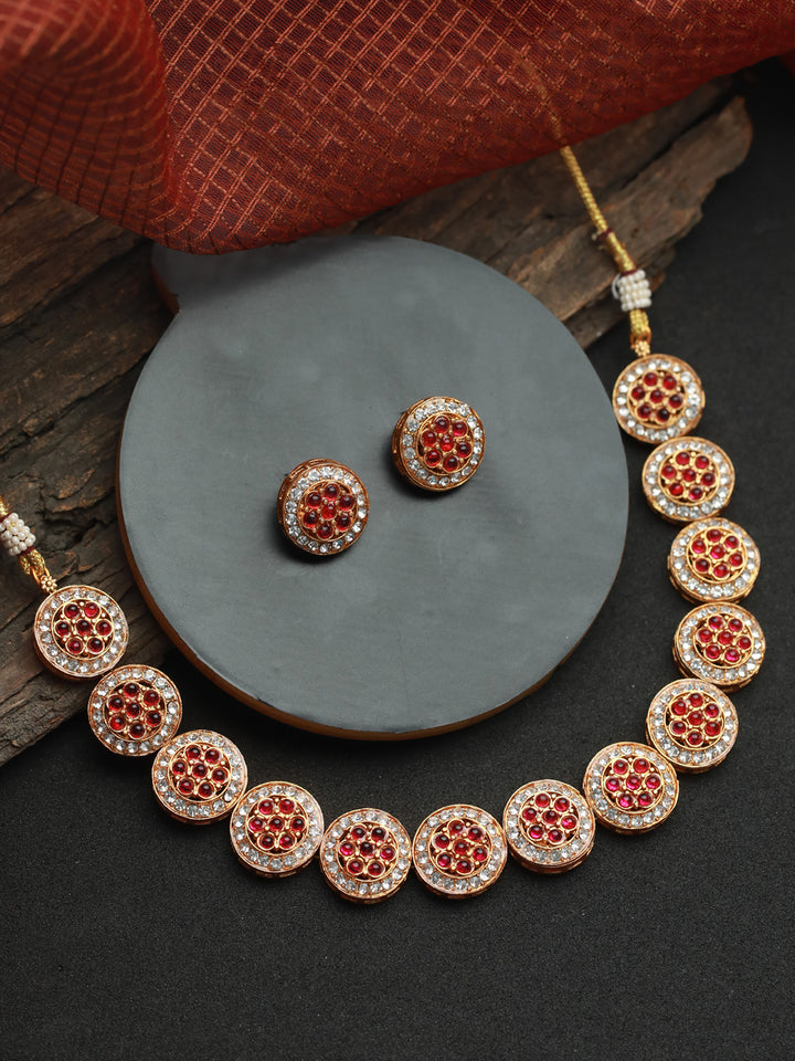 Priyaasi Pink Round Floral Studded Gold Plated Jewellery Set