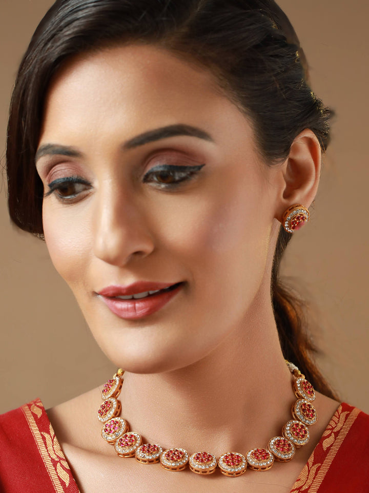 Priyaasi Pink Round Floral Studded Gold Plated Jewellery Set