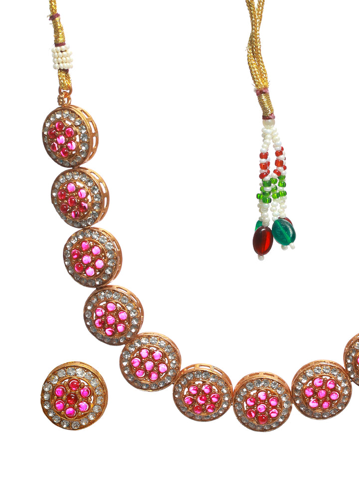 Priyaasi Pink Round Floral Studded Gold Plated Jewellery Set