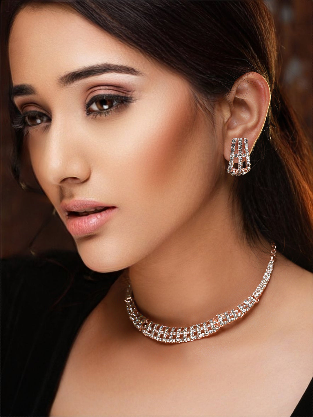 Elegant American Diamond Studded Rose Gold-Plated Jewellery Set