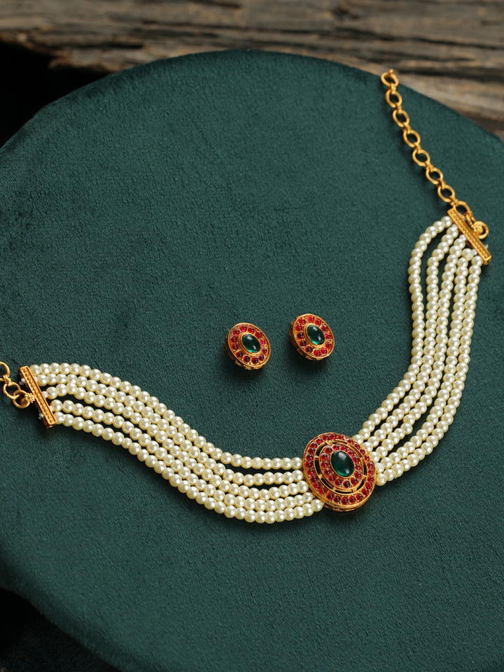 Priyaasi Studded Oval Pearl Multilayer Gold-Plated Choker Jewellery Set
