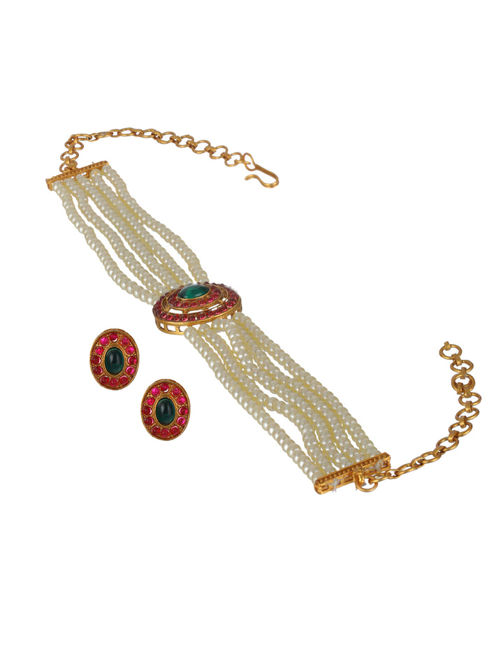 Priyaasi Studded Oval Pearl Multilayer Gold-Plated Choker Jewellery Set