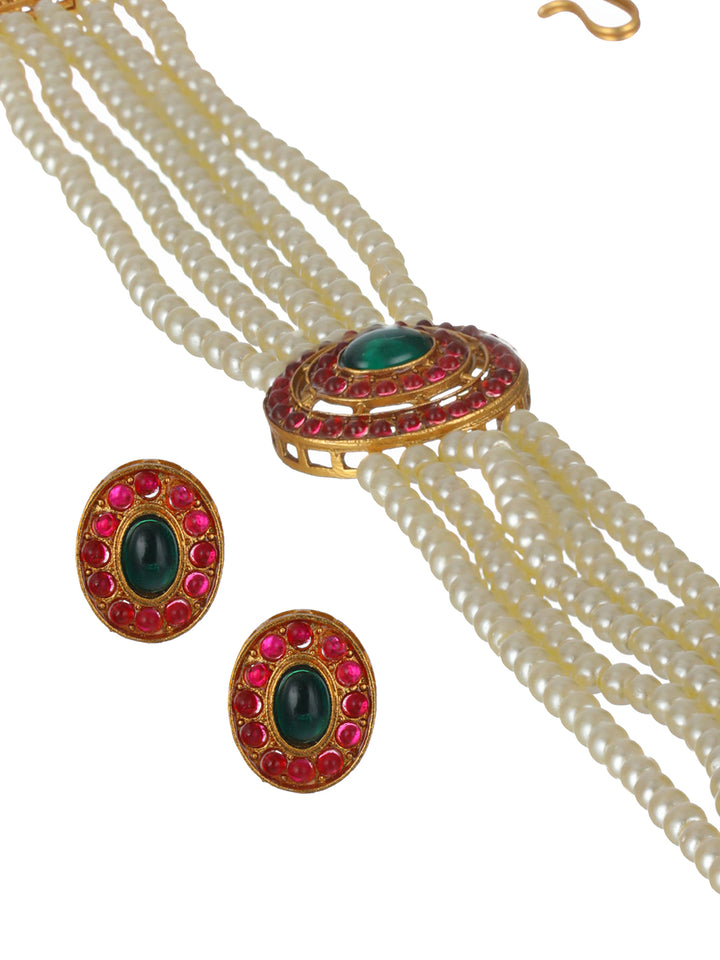 Priyaasi Studded Oval Pearl Multilayer Gold-Plated Choker Jewellery Set