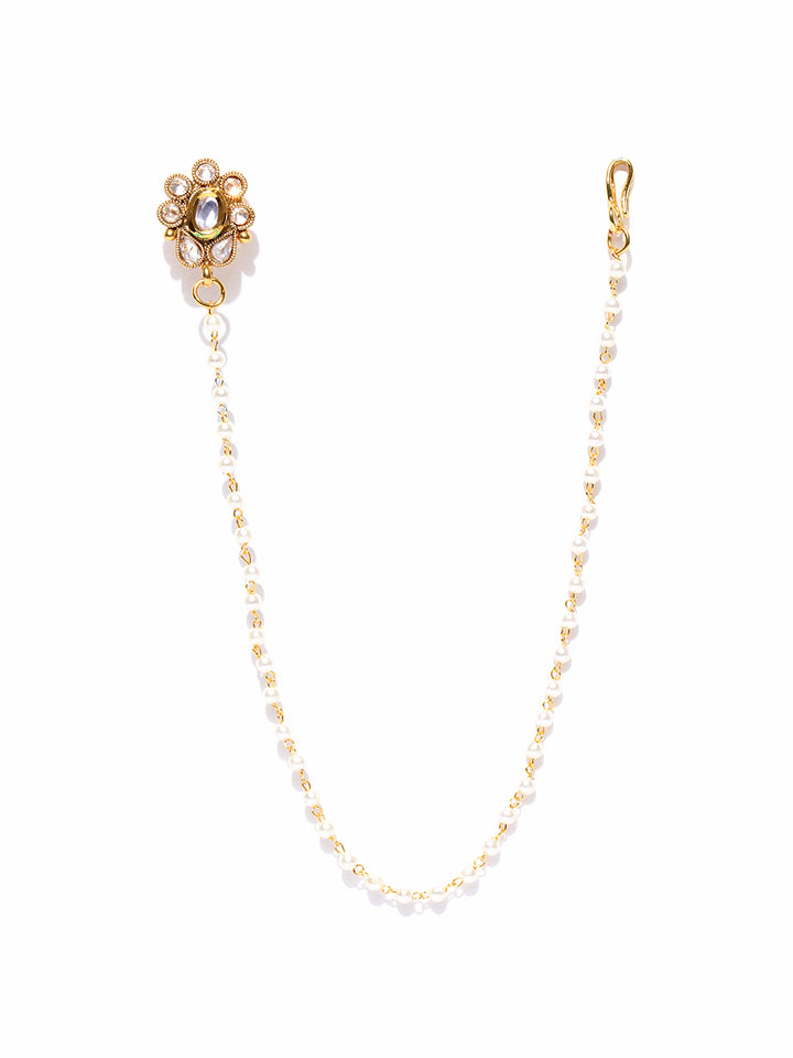 Gold Plated Kundan Nose Ring/Nath with Pearl Chain For Women/Girls