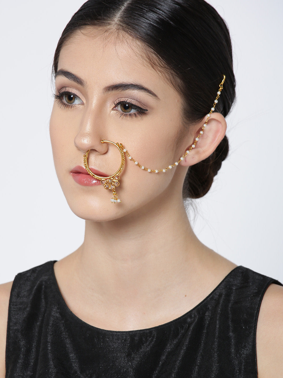 Gold Plated Stone Studded With Beads Chain Floral Nath/Nose Ring For Women
