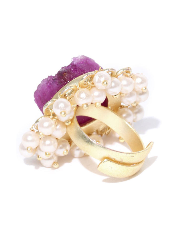 Gold Plated Off-White Pearl Beaded Pink Druzzy Stone Statement Ring