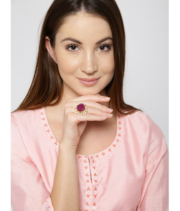Gold Plated Off-White Pearl Beaded Pink Druzzy Stone Statement Ring