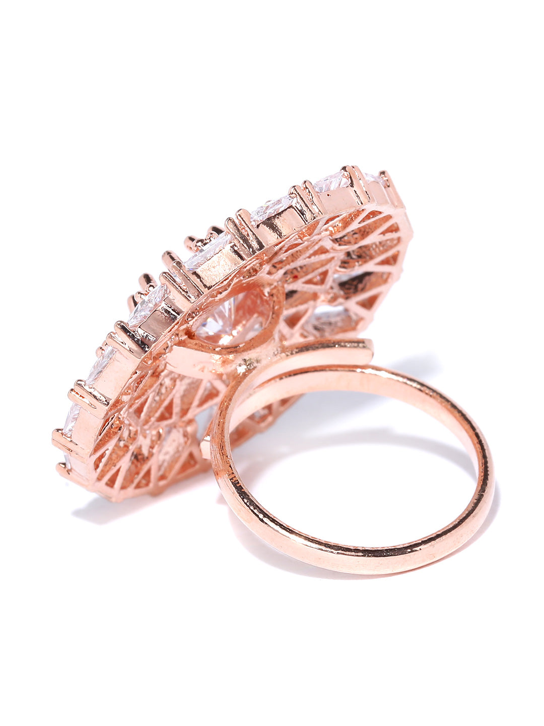 Rose Gold-Plated American Diamond Studded Adjustable Ring in Geometric Pattern