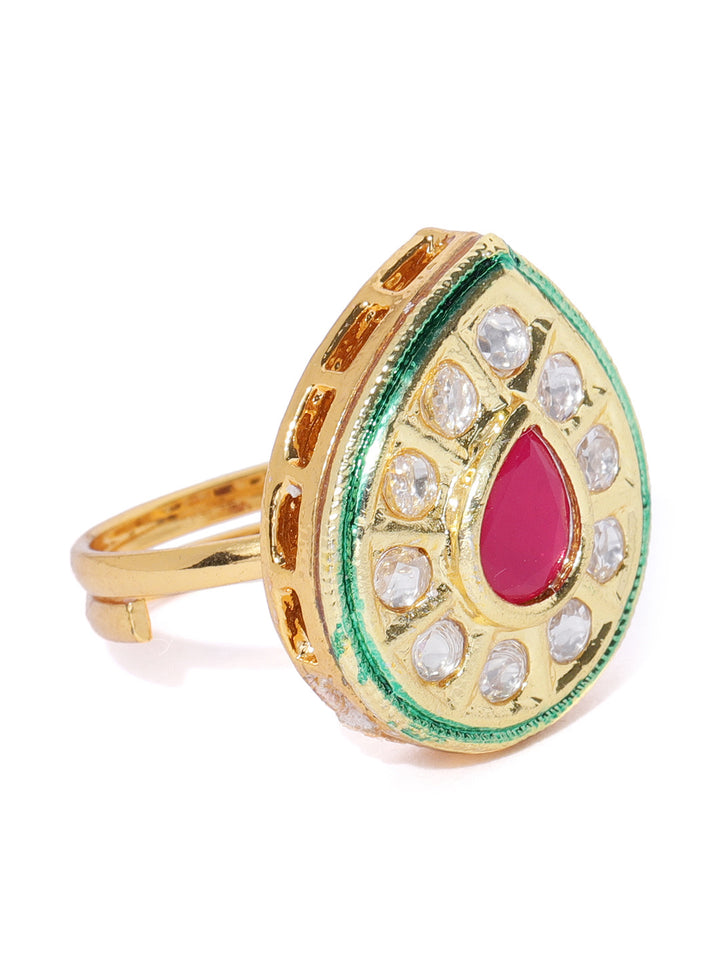 Gold-Plated Kundan & Ruby Studded Adjustable Ring