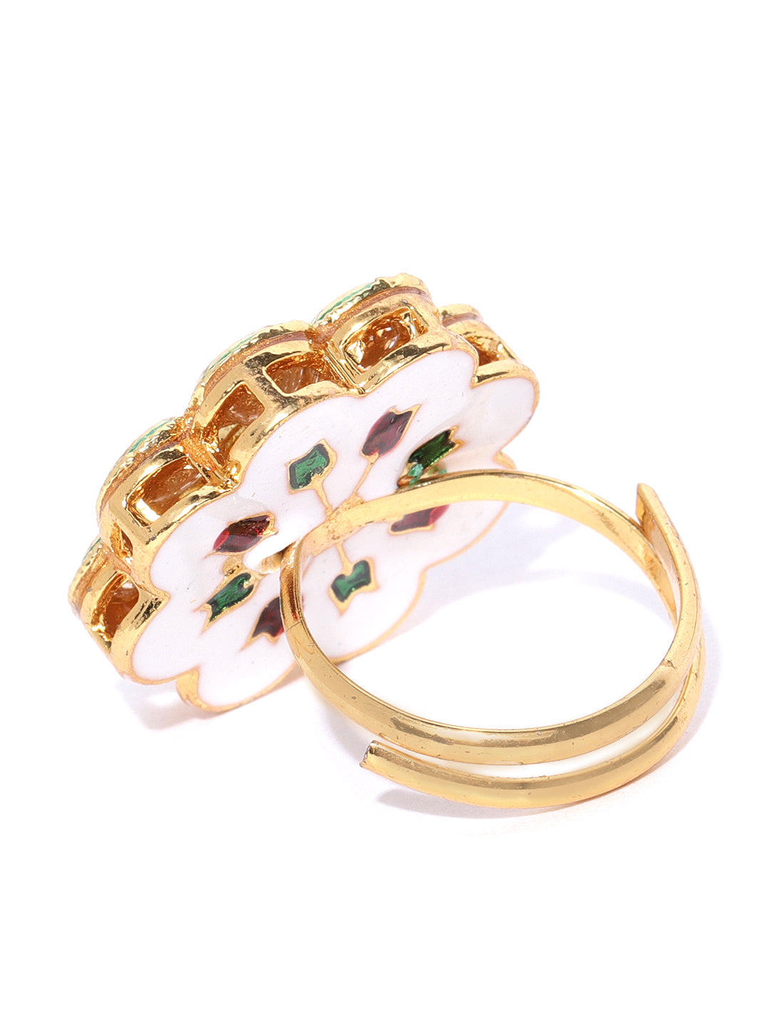 Gold-Plated Kundan Studded Adjustable Ring in Floral Pattern