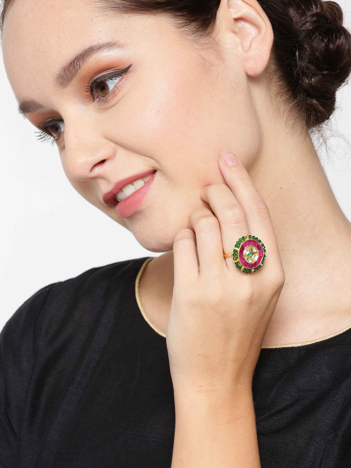 Gem Fusion - Golden Pachi Kundan & Ruby Studded Magenta & Green Adjustable Ring