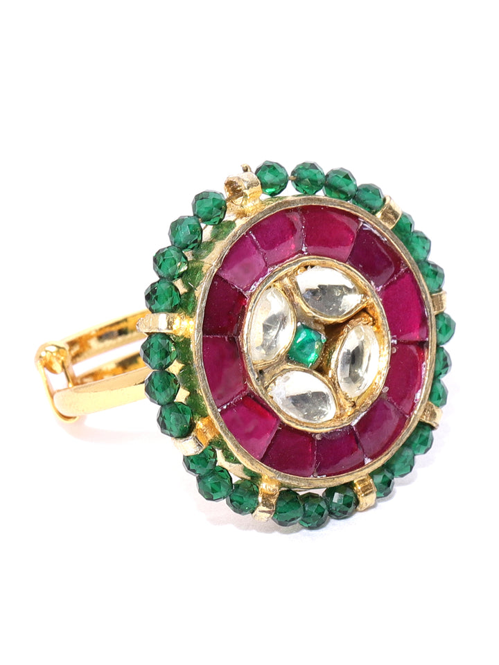 Gem Fusion - Golden Pachi Kundan & Ruby Studded Magenta & Green Adjustable Ring