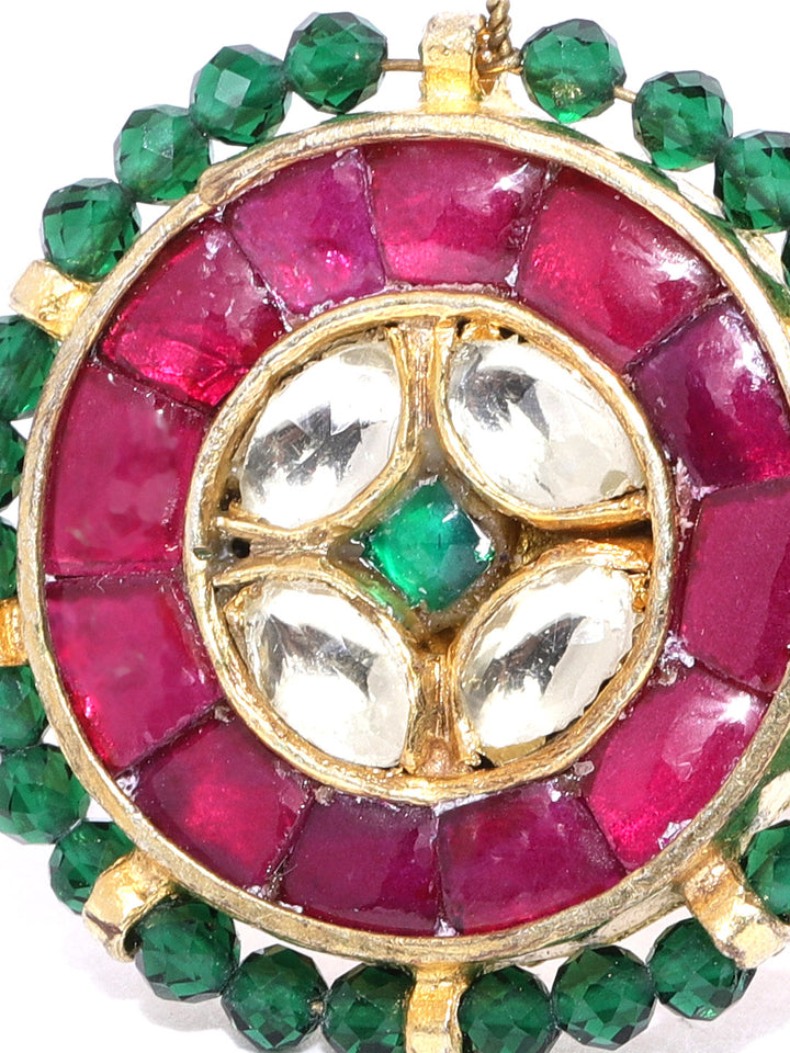 Gem Fusion - Golden Pachi Kundan & Ruby Studded Magenta & Green Adjustable Ring