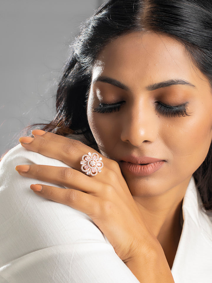 Pink Floral American Diamond Rose Gold Ring