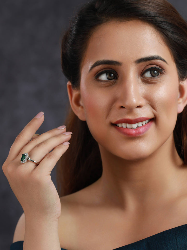 Priyaasi Emerald Green Silver Plated Solitaire Ring