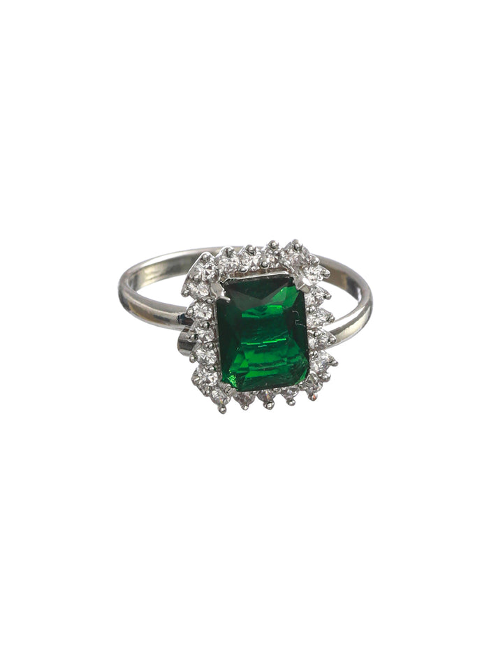 Priyaasi Emerald Green Silver Plated Solitaire Ring