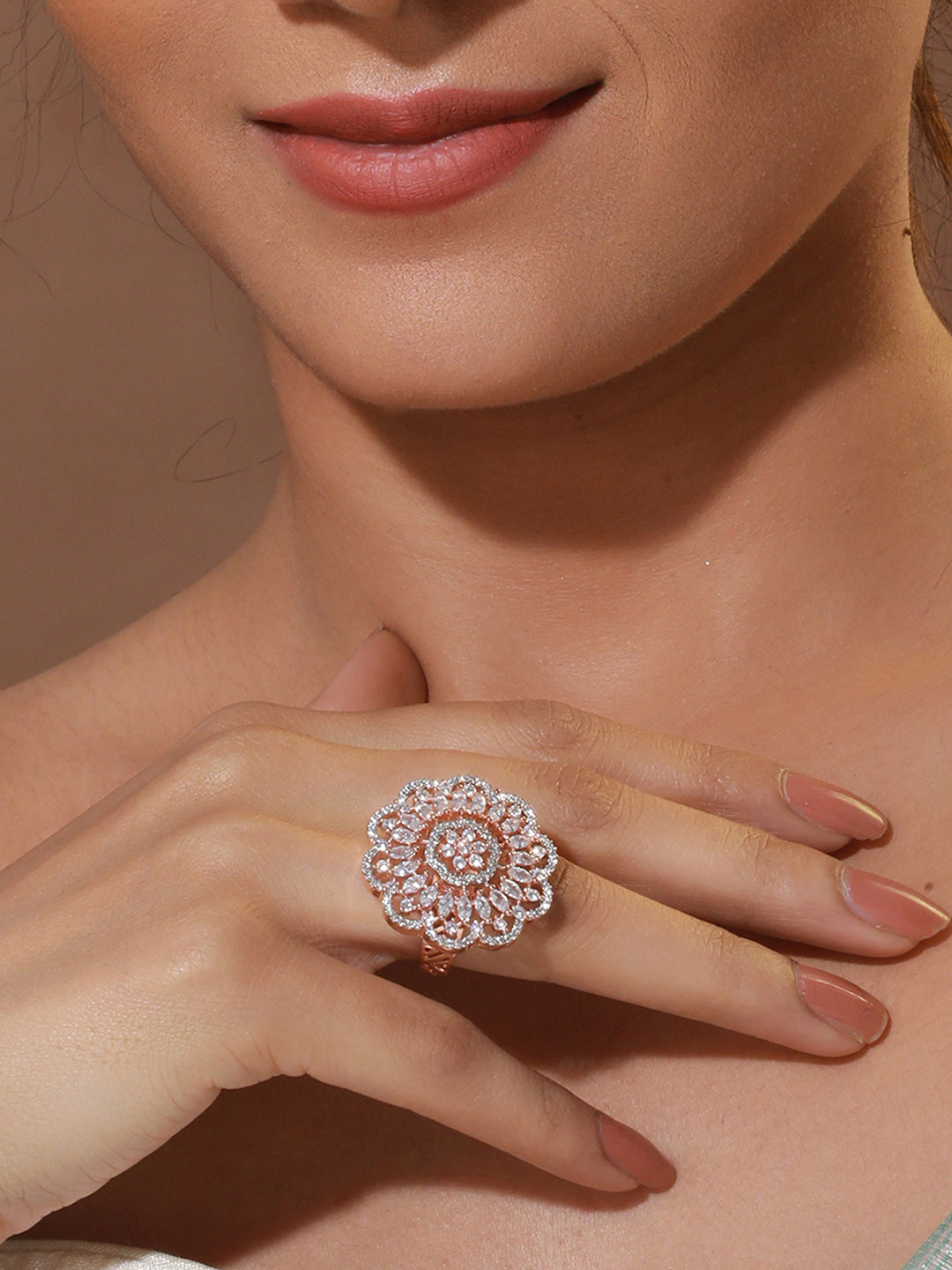 Stunning Flower American Diamond Rose Gold-Plated Cocktail Ring